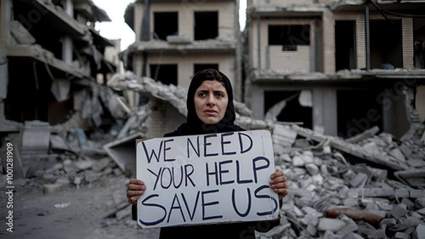 Obraz A Middle Eastern Palestine Gaza woman holds a sign "We need your help, save us" in front of a destroyed home and buildings background.