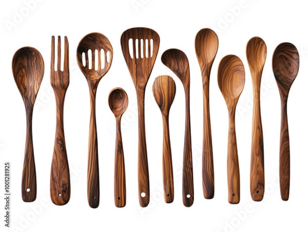 Fototapeta Collection of various wooden kitchen utensils, including spoons, whisks, and spatulas, on a white background. PNG transparent.