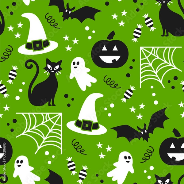Fototapeta Neon Green Halloween icons vector pattern. Retro Halloween illustration seamless vector pattern on neon green background.
