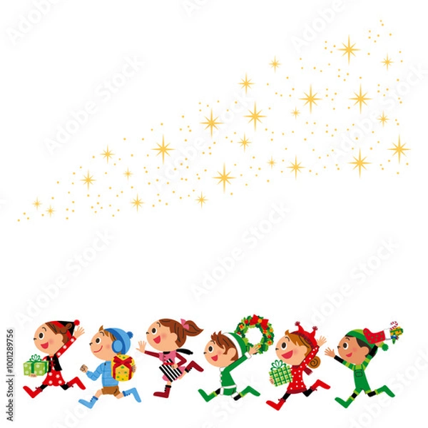 Obraz たくさんの星が舞ってクリスマスを楽しんで行進してる子供達