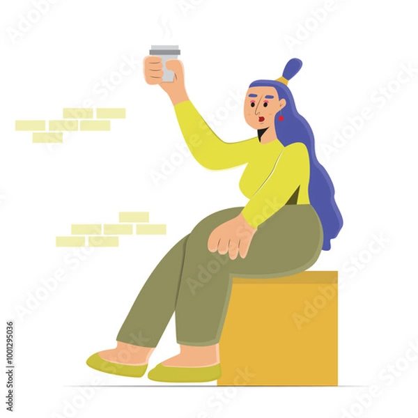 Fototapeta Illustration vector design of woman's sitting down while holding a glass of coffee