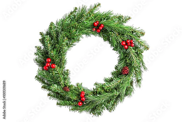 Fototapeta Christmas wreath with red berries and pinecones  isolate  transparent  background