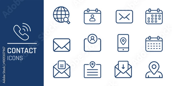 Obraz Contact thin line icons set. Communication isolated icons set. Phone, website, message, chat, location, calendar symbol. Vector