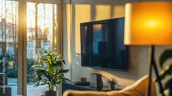 Fototapeta Modern, cozy living room with a mounted TV, a contemporary lamp, and daylight flooding through the glass, creating a warm, inviting atmosphere.