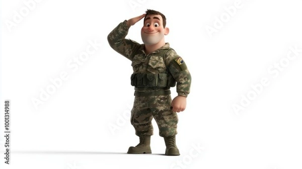 Obraz Cheerful military cartoon character saluting in full camouflage gear, isolated on a clean white background.