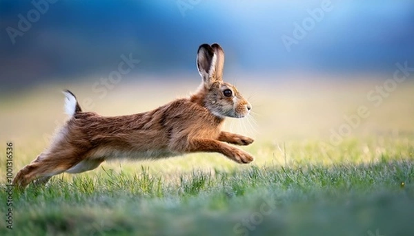 Fototapeta fast running rabbit in grass, side, blue and white bokeh background, highly detailed