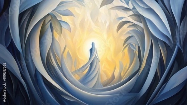 Fototapeta A serene figure emerges from a dreamlike forest of swirling leaves at dusk