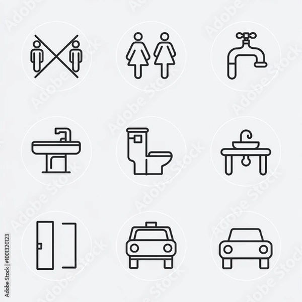 Fototapeta Set of medical site-related vector line icons. Contains such icons as family toilet, do not throw sign, water tap, washroom, table door, ambulauns, car, tablet, prescription and more. Editable stroke.