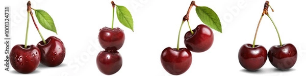 Obraz Collage of cherry illustrations isolated on white background. Set of PNG isolated fruits.