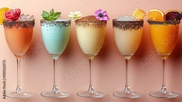 Fototapeta Colorful cocktails garnished with flowers and fruit on a pastel background.
