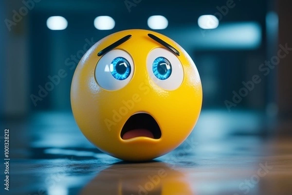 Fototapeta A confused emoji with raised brows and a tilted mouth, the yellow face's glossy finish reflecting cool lighting from above.