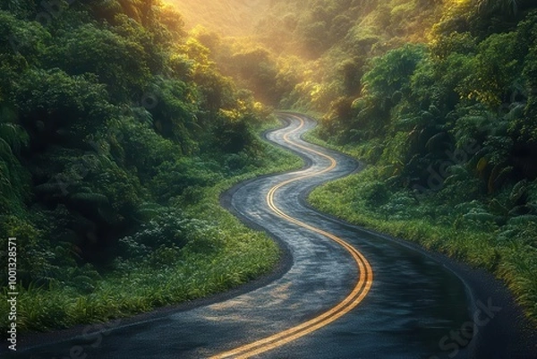 Fototapeta winding road meandering through a lush dense forest dappled sunlight filtering through the leaves creating a sense of adventure and tranquility in natures embrace