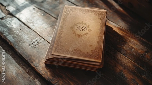 Fototapeta Vintage Leather Bound Book with Intricate Emblem on Wooden Surface