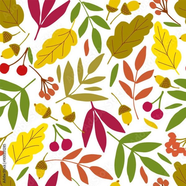 Fototapeta Simple floral vector seamless pattern. Multi-colored bright autumn leaves, acorns, rowan berries. For fabric prints, packaging, stationery.