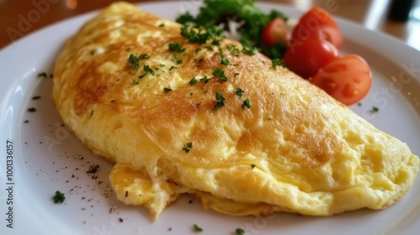 Fototapeta A golden-brown omelet filled with gooey cheese is cooked to perfection, served on a white plate for breakfast.