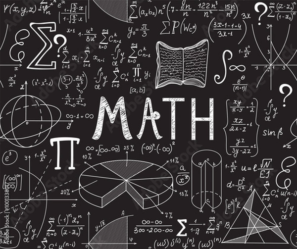 Fototapeta Educational vector seamless pattern with handwritten word "Math", mathematical tasks, formulas and figures