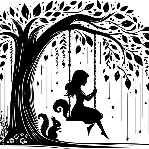 Obraz Silhouette of Girl  sitting on Tree Swing with Forest Animals and Falling Leaves.