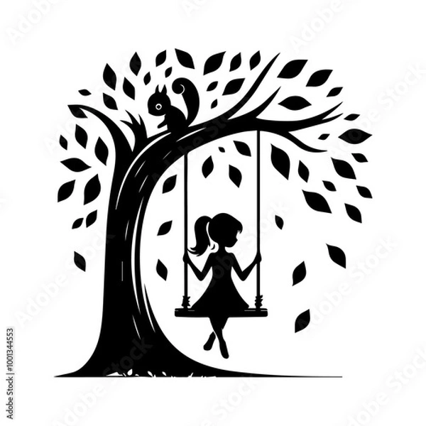 Obraz Silhouette of Girl  sitting on Tree Swing with Forest Animals and Falling Leaves.