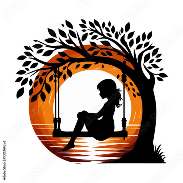 Obraz Silhouette of Girl  sitting on Tree Swing with Forest Animals and Falling Leaves.
