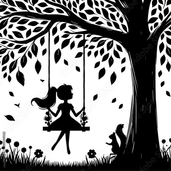 Obraz Silhouette of Girl  sitting on Tree Swing with Forest Animals and Falling Leaves.