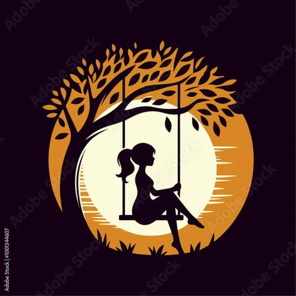 Obraz Silhouette of Girl  sitting on Tree Swing with Forest Animals and Falling Leaves.