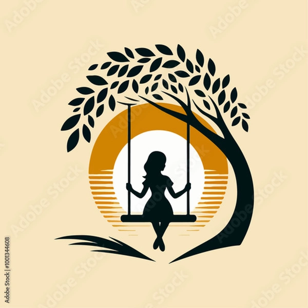 Obraz Silhouette of Girl  sitting on Tree Swing with Forest Animals and Falling Leaves.