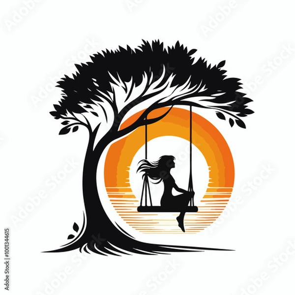 Obraz Silhouette of Girl  sitting on Tree Swing with Forest Animals and Falling Leaves.