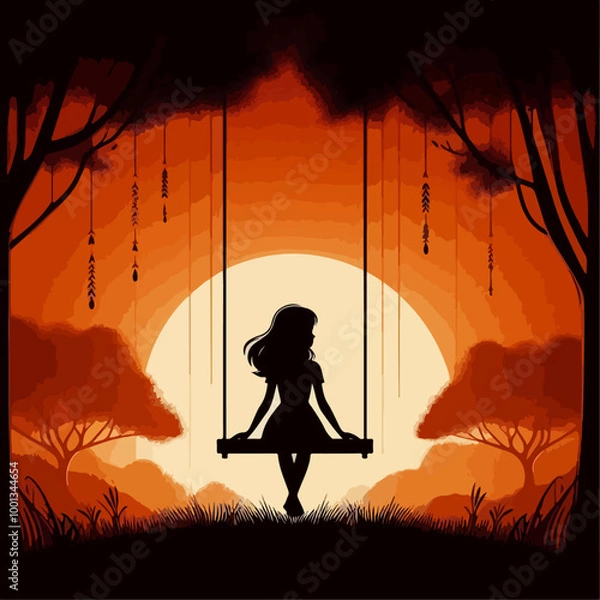 Fototapeta Silhouette of Girl  sitting on Tree Swing with Forest Animals and Falling Leaves.