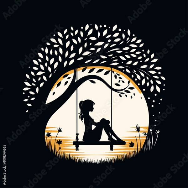 Obraz Silhouette of Girl  sitting on Tree Swing with Forest Animals and Falling Leaves.