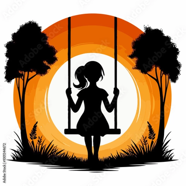 Obraz Silhouette of Girl  sitting on Tree Swing with Forest Animals and Falling Leaves.