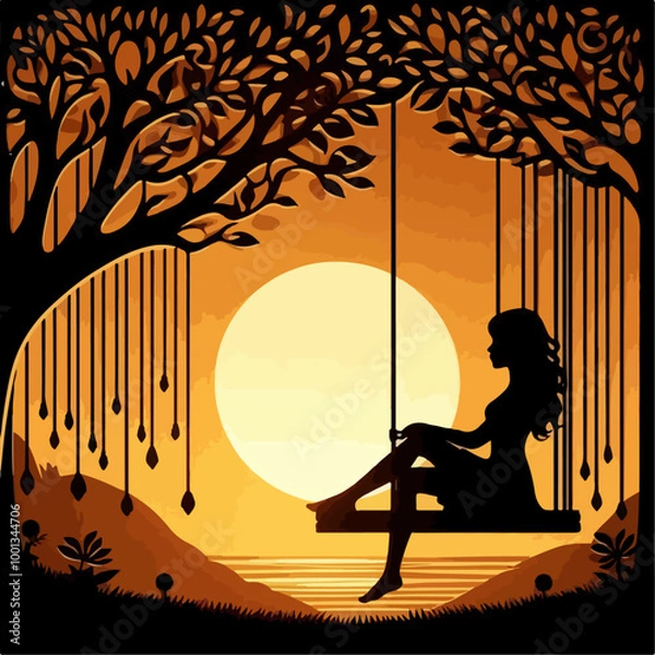Obraz Silhouette of Girl  sitting on Tree Swing with Forest Animals and Falling Leaves.