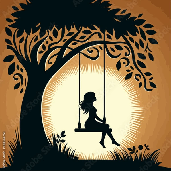 Obraz Silhouette of Girl  sitting on Tree Swing with Forest Animals and Falling Leaves.