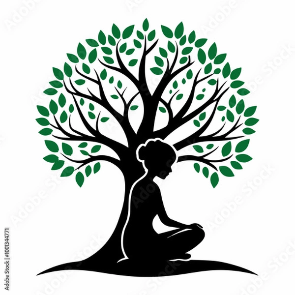 Obraz Stylized Girl Meditating Under Tree of Life with Heart and Falling Leaves.