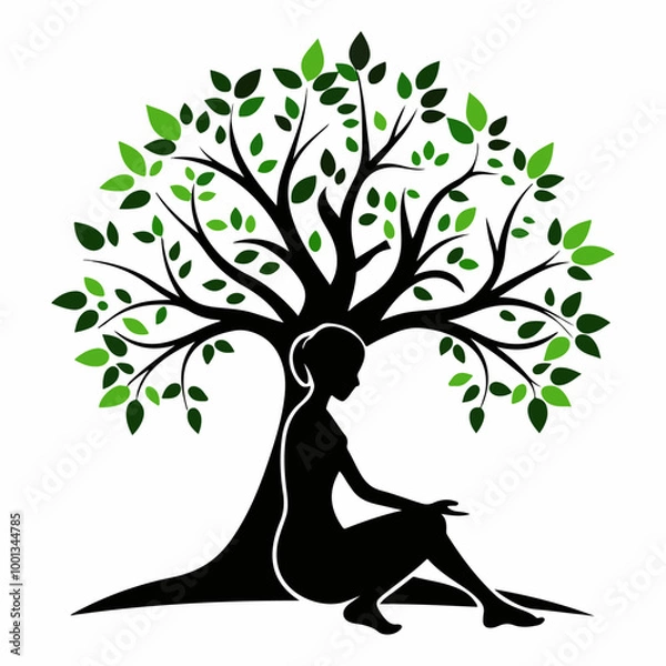 Obraz Stylized Girl Meditating Under Tree of Life with Heart and Falling Leaves.