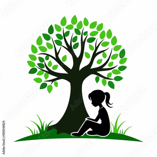 Obraz Stylized Girl Meditating Under Tree of Life with Heart and Falling Leaves.