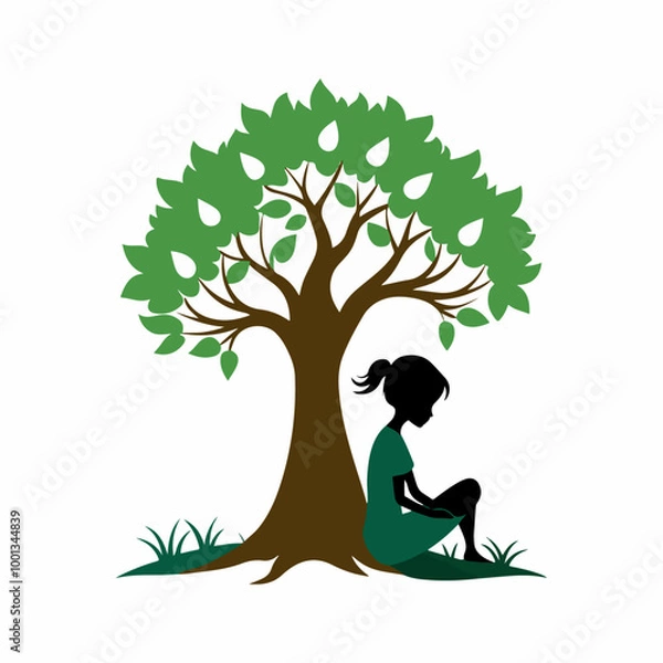 Obraz Stylized Girl Meditating Under Tree of Life with Heart and Falling Leaves.