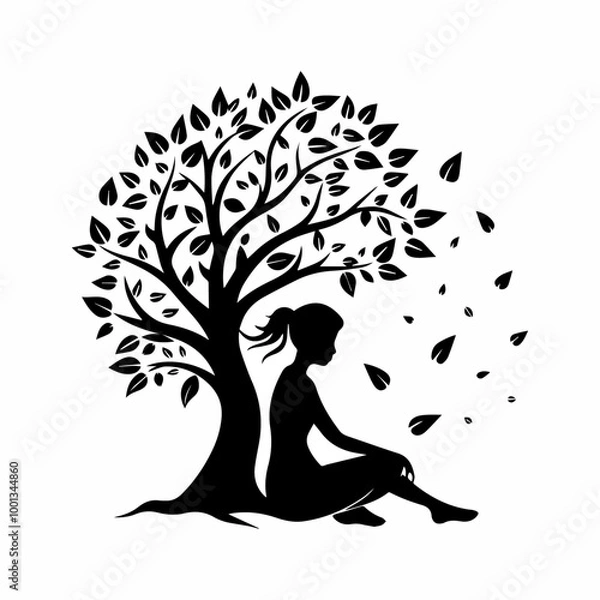 Obraz Stylized Girl Meditating Under Tree of Life with Heart and Falling Leaves.