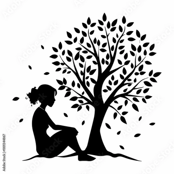 Obraz Stylized Girl Meditating Under Tree of Life with Heart and Falling Leaves.