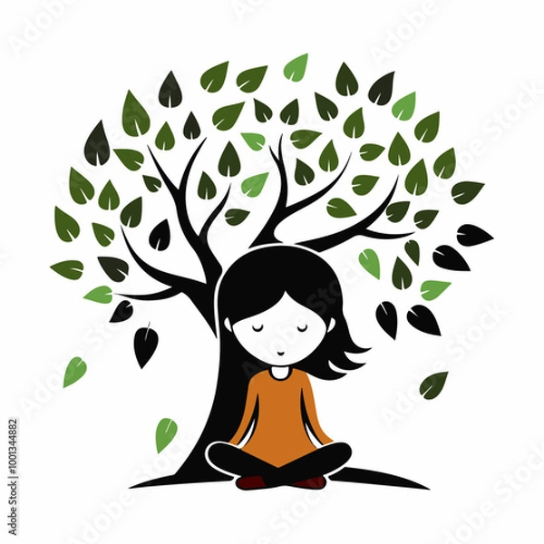 Obraz Stylized Girl Meditating Under Tree of Life with Heart and Falling Leaves.
