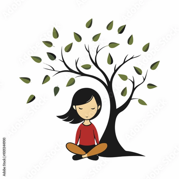 Obraz Stylized Girl Meditating Under Tree of Life with Heart and Falling Leaves.