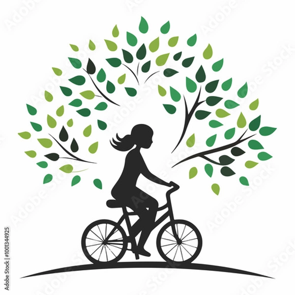 Obraz Stylized Girl Meditating cycling  Under Tree of Life with  Falling Leaves.