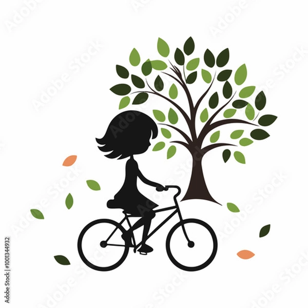 Obraz Stylized Girl Meditating cycling  Under Tree of Life with  Falling Leaves.