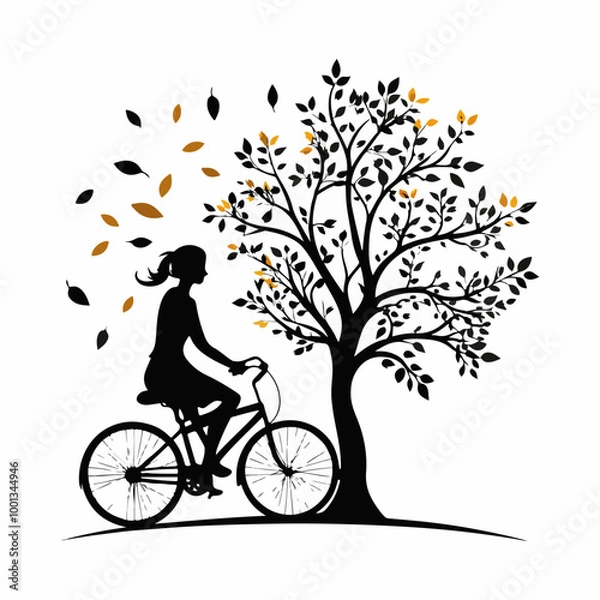 Obraz Stylized Girl Meditating cycling  Under Tree of Life with  Falling Leaves.