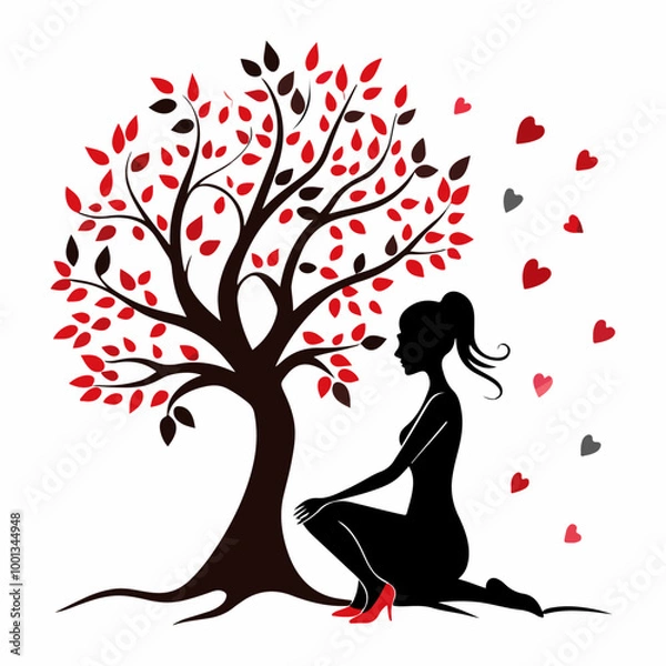 Obraz Stylized Girl Meditating Under Tree of Life with Heart and Falling Leaves.