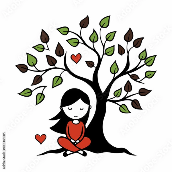 Obraz Stylized Girl Meditating Under Tree of Life with Heart and Falling Leaves.