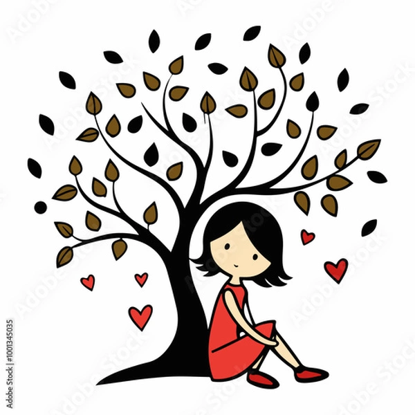 Obraz Stylized Girl Meditating Under Tree of Life with Heart and Falling Leaves.