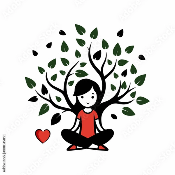 Obraz Stylized Girl Meditating Under Tree of Life with Heart and Falling Leaves.