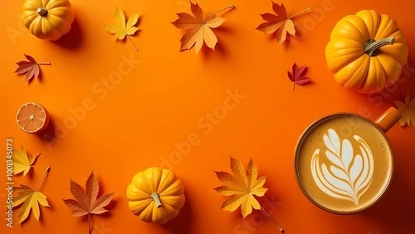 Fototapeta Autumn, flat layer with pumpkin and pumpkin spice latte on bright orange background, blank space for text