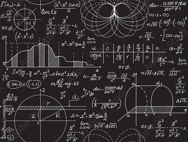 Obraz Educational "back to school" vector seamless pattern with handwritten math and physics formulas, figures and calculations