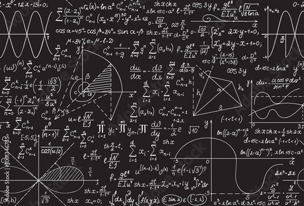 Fototapeta Math scientific vector seamless pattern with handwritten equations, formulas and calculations